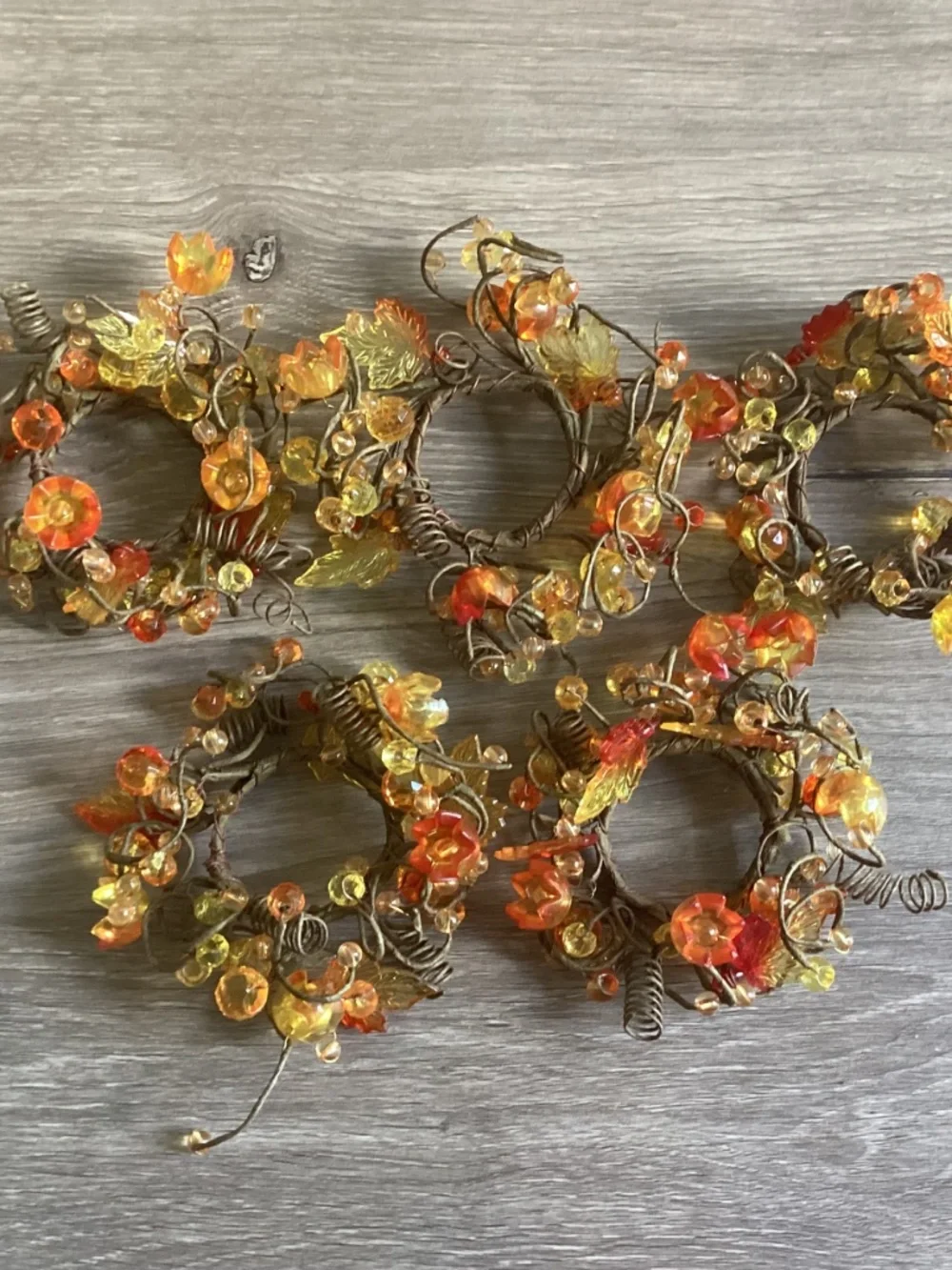 5 Beaded Amber Lucite Fall Leafs Flowers Grapevine Cluster Napkin Candle Rings